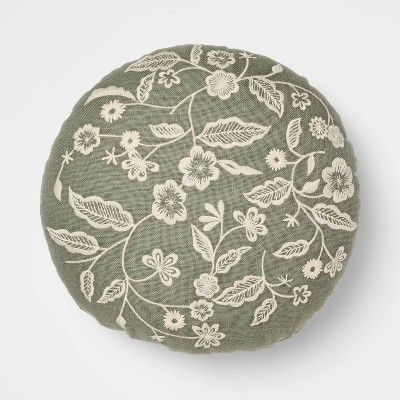 14" Round Pillow Embroidered Floral Army Green and Cream - Threshold™ Design with Studio McGee | Target