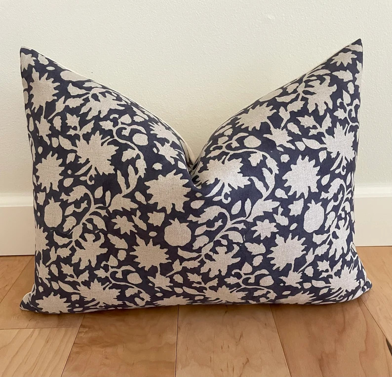 Floral linen pillow cover, decorative pillow, throw pillow, farmhouse pillow, block print pillow,... | Etsy (US)