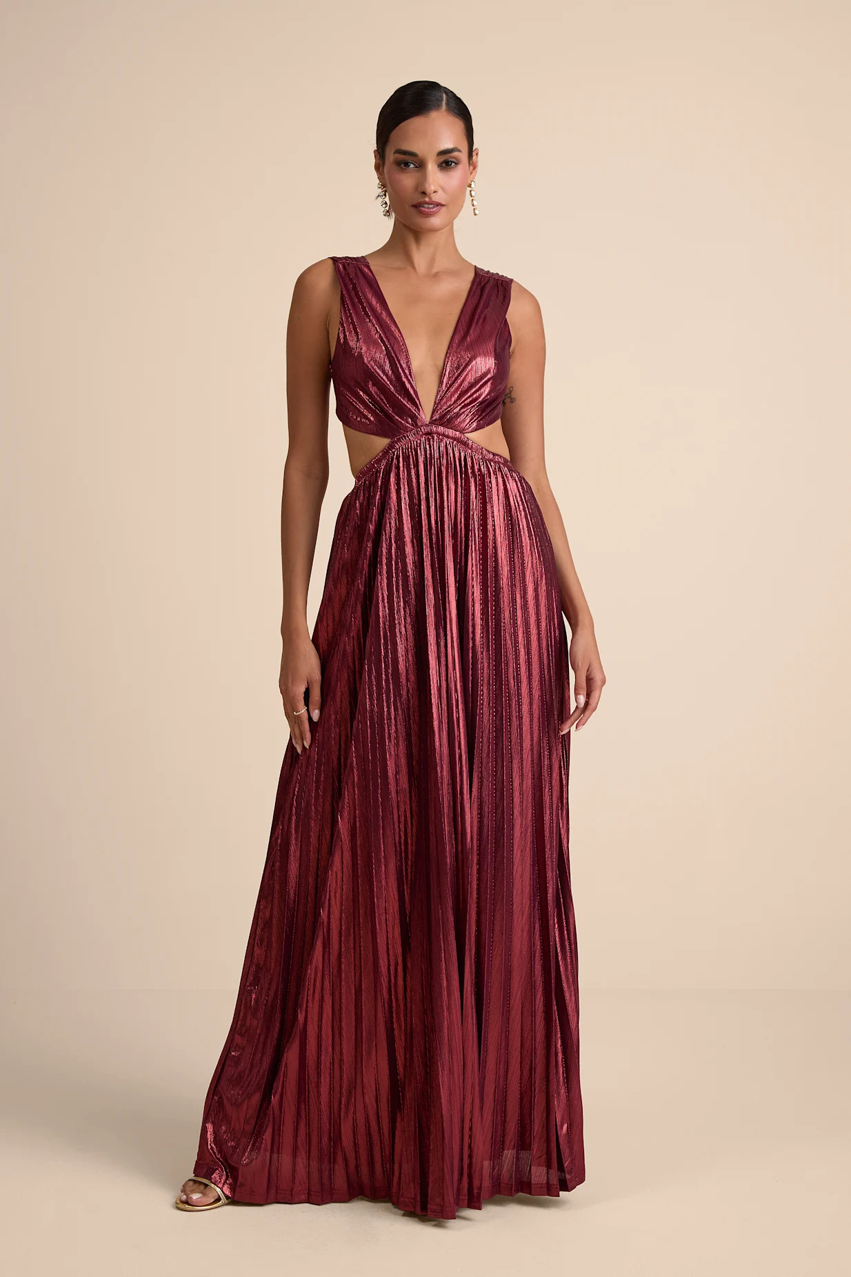 Shining Luxury Wine Red Metallic Lurex Cutout Maxi Dress | Lulus