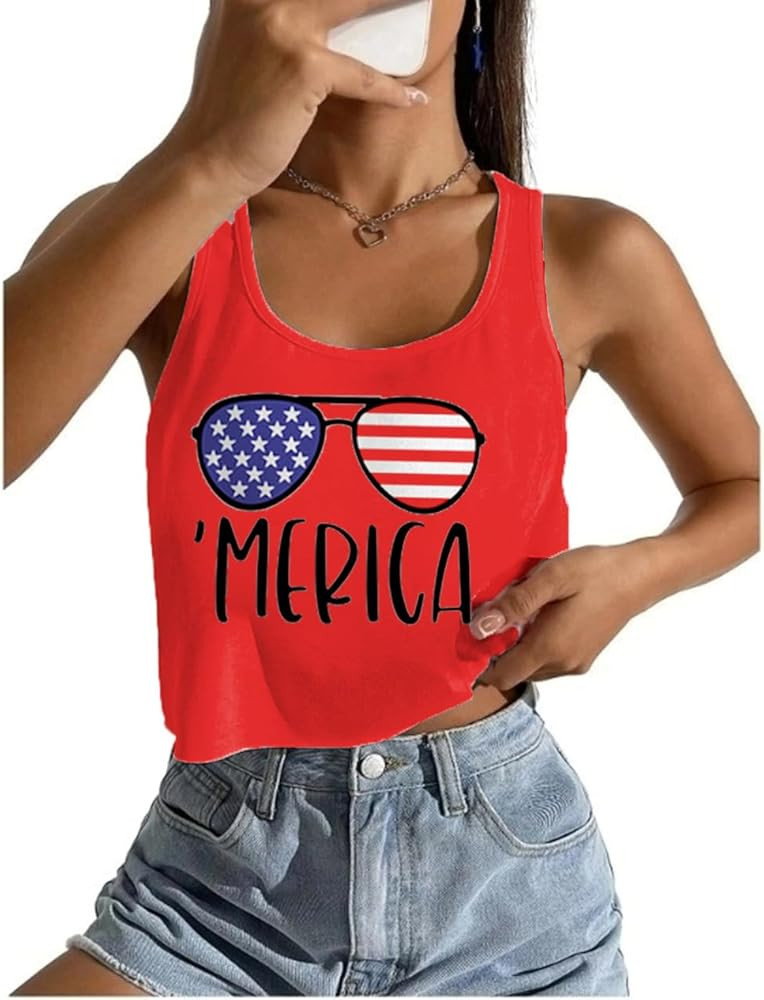 Women's Sexy American Flag Crop Tank 4th of July Patriotic Sleeveless Tee Tops | Amazon (US)
