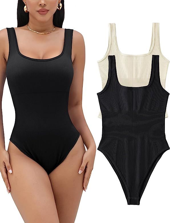 Micoson 2 Piece Bodysuit for Women Ribbed Sleeveless Tank Tops Square Neck Sexy Stretchy Bodycon Jum | Amazon (US)