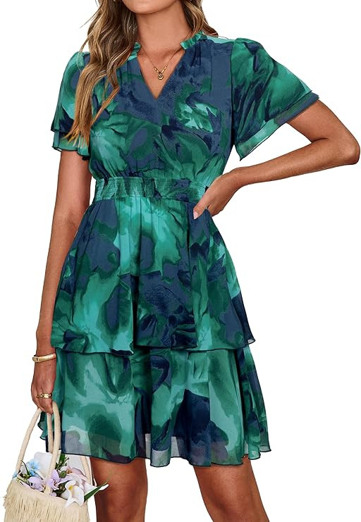Simplee Womens Floral Summer Mini Dress 2026 Chiffon V Neck Short Sleeve Empire Waist Ruffle Tier... | Amazon (US)