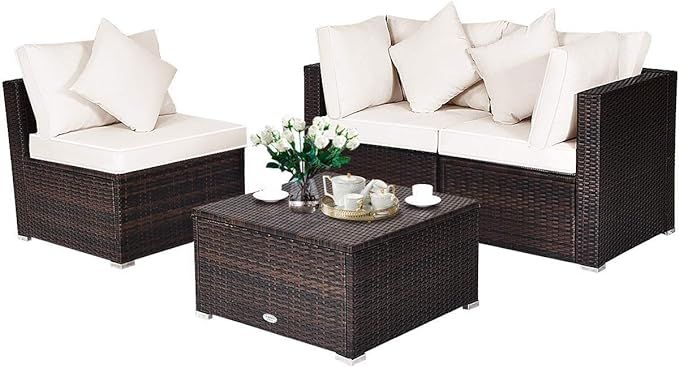 HAPPYGRILL 4-Pieces Patio Furniture Set Rattan Wicker Conversation Set with Ottoman Outdoor Secti... | Amazon (US)