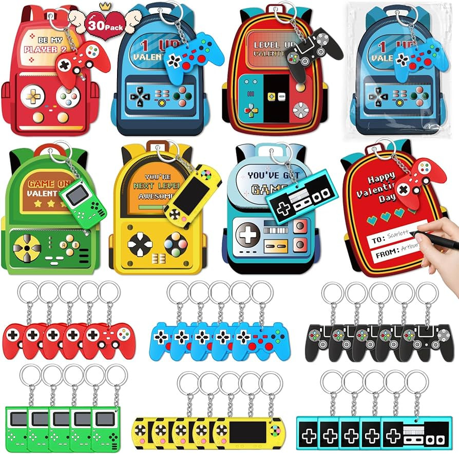 Valentines Day Cards for Kids School,30 Pack Video Games Keychains with Valentines Cards for Kids... | Amazon (US)