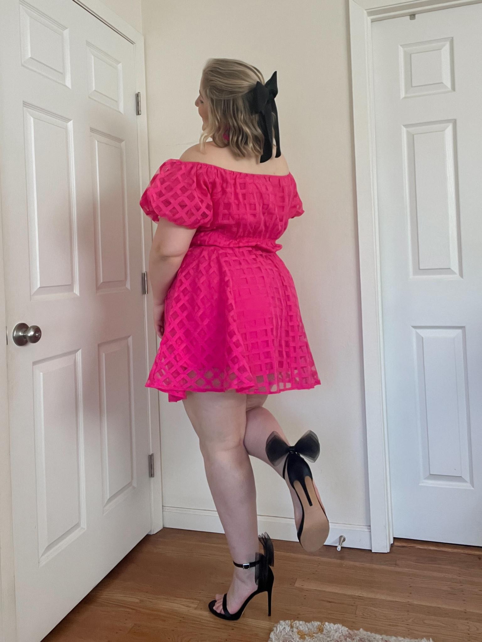 Valentines look day 2! LOVE this dress and these heels with the clip on bows?!? Amazing🖤🎀 Wearing XL in the dress. 

#LTKplussize #LTKmidsize #LTKstyletip