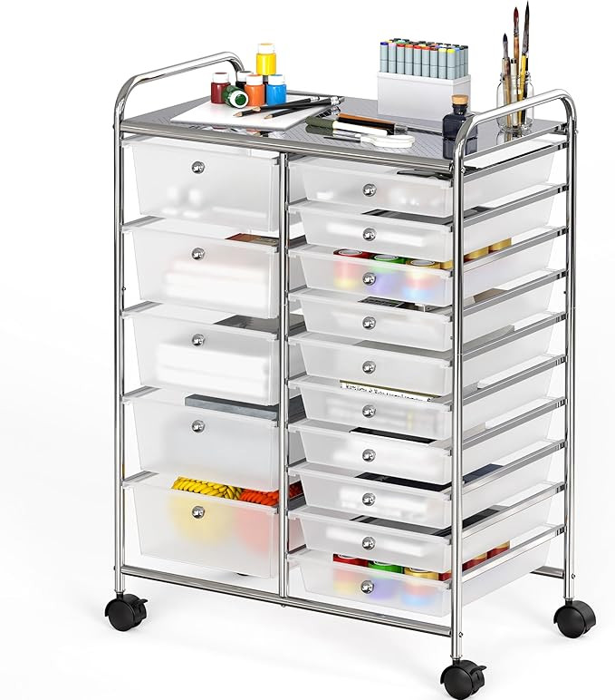 Simple Houseware Utility Cart with 15 Drawers Rolling Storage Art Craft Organizer, Chrome | Amazon (US)