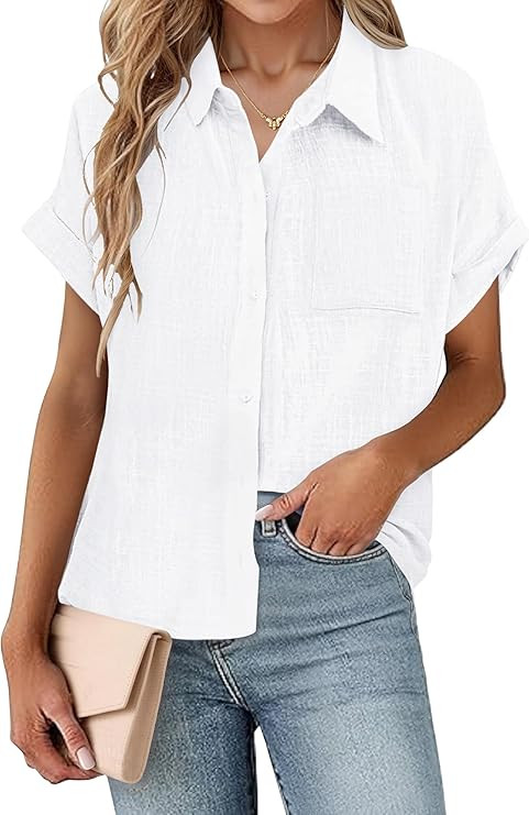 SEMARO Womens Cotton Linen Button Down Shirts Casual Short Sleeve Solid Summer Blouses Tops with ... | Amazon (US)