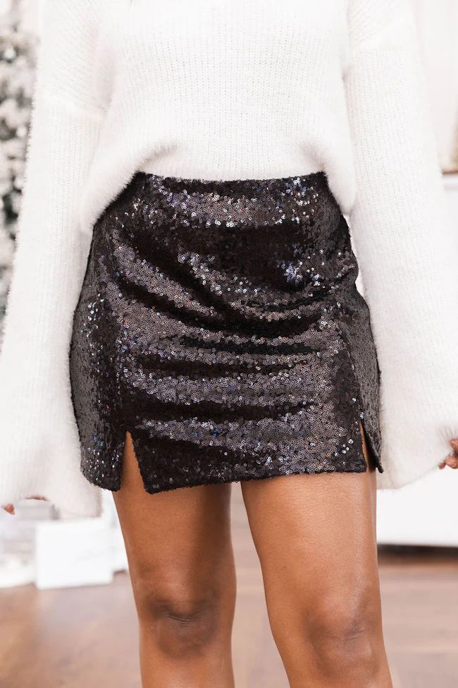 Leave At Midnight Black Sequin Slit Mini Skirt | The Pink Lily Boutique