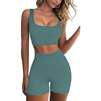 FAFOFA Workout Sets for Women 2 Piece Seamless Ribbed Crop Tank High Waist Shorts Yoga Outfits | Amazon (US)