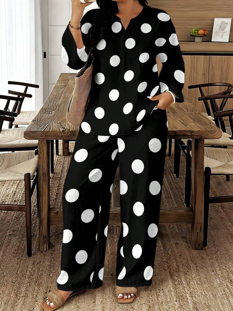 Plus Size Women's Pointed Collar Long-Sleeved Trousers Set Black Background White Polka Dots 3D P... | SHEIN