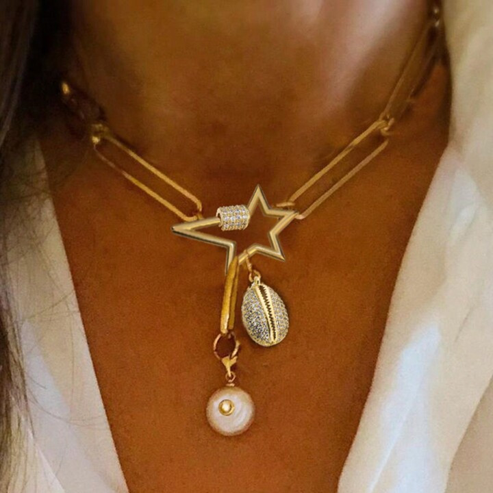 Pave Sone Crystal Meal Shell Charm Freshwater Pearl With Clear Stone Necklace Carabiner Lock Pend... | SHEIN