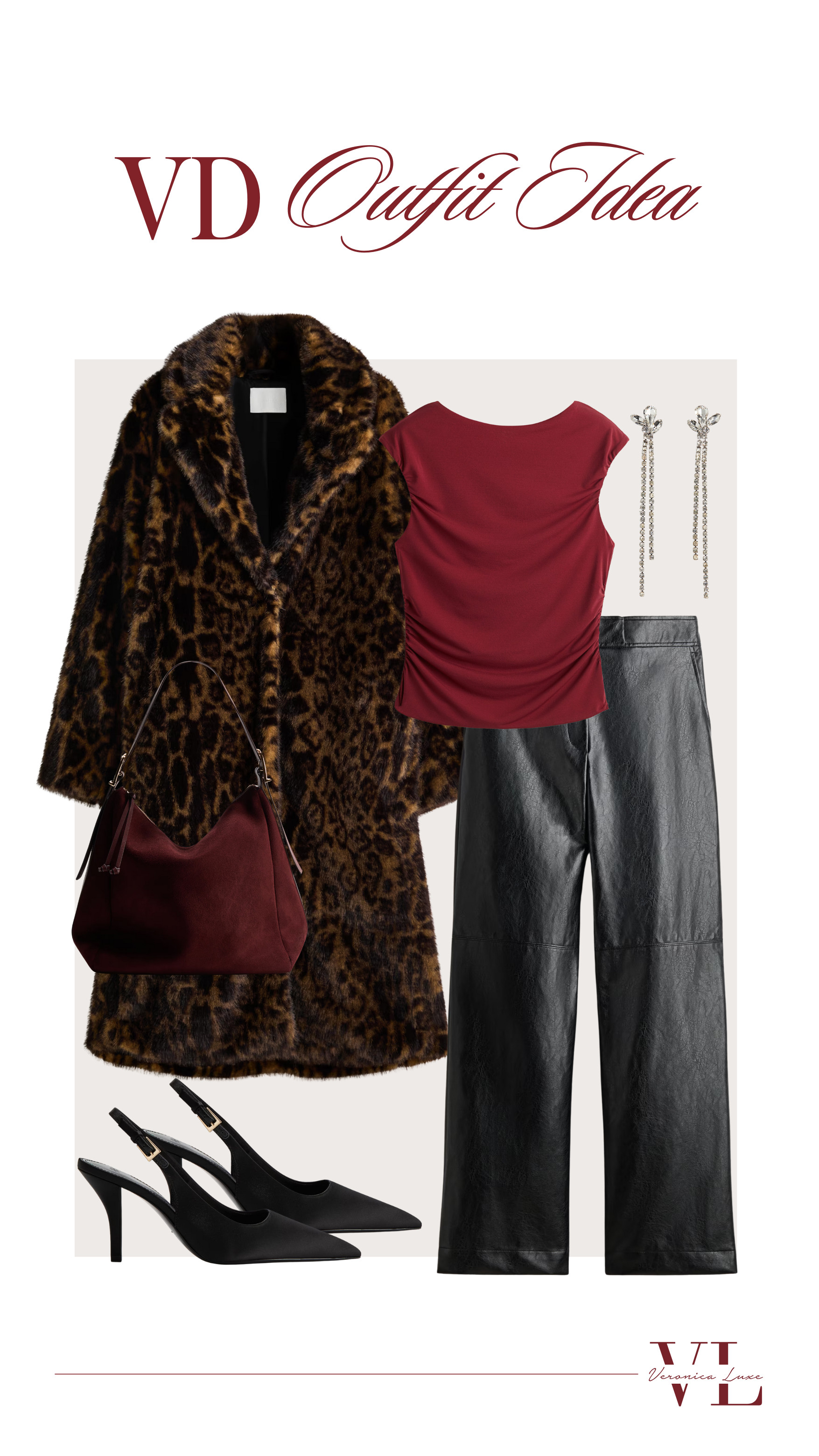 I’m loving this Valentine’s Day outfit idea — the leopard coat paired with a burgundy top, black leather pants, and pointed toe heels feels bold but still chic. Such a fun VD date night look and perfect women’s dinner outfit. 

 #LTKValentine #LTKootd #LTKSeasonal