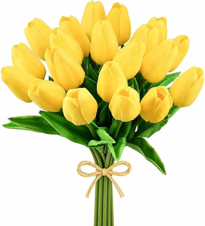 Mandy's 20pcs Artificial Yellow Tulips | 13.5 Inch Lifelike PU Tulips Faux Floral Arrangement for... | Amazon (US)