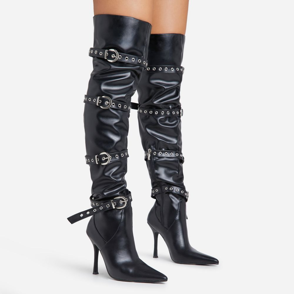 Super-Speed Multi Buckle Strap Detail Pointed Toe Stiletto Heel Over The Knee Thigh High Long Boo... | EGO Shoes (US & Canada)