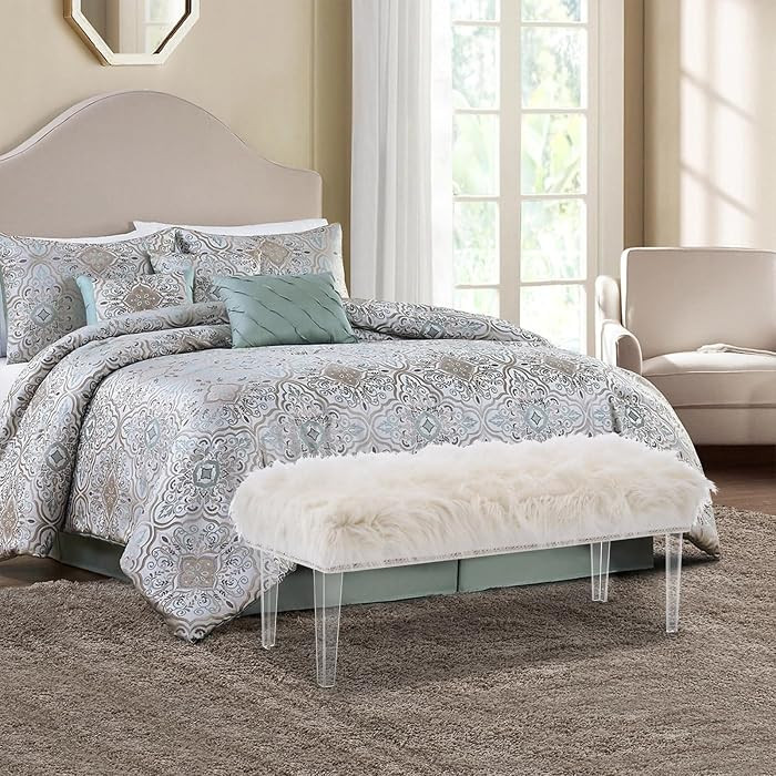 Faux Fur Ottoman Bench Modern, White Upholstered Plush Acrylic Footstool, Lovely Rectangular Bed ... | Amazon (US)