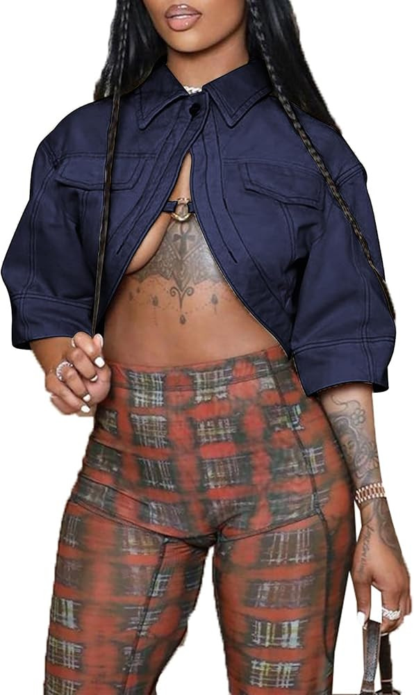 Symina Jackets for Women Casual Short Sleeve Sexy Cropped Denim Jacket Cut Out Button Down Top Cl... | Amazon (US)