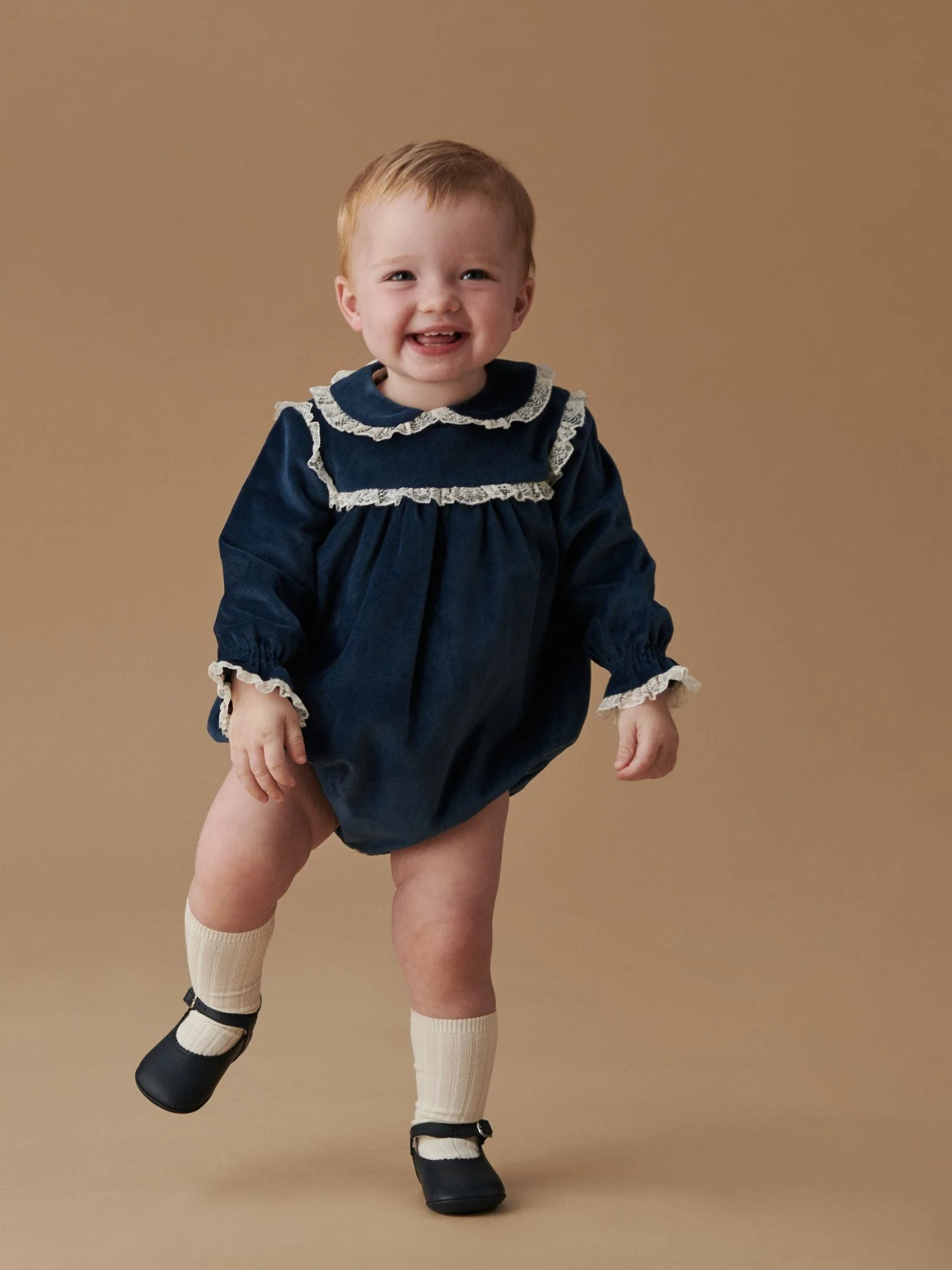 Blue Azura Velvet Baby Girl Romper | La Coqueta (US)