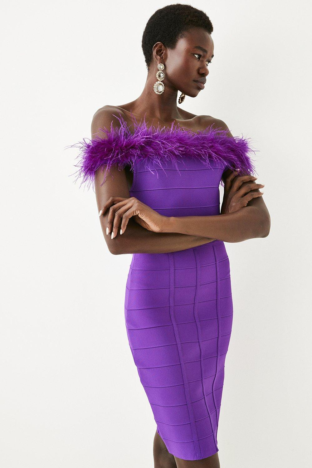 Bandage Feather Bardot Knit Mini Dress | Karen Millen UK + IE + DE + NL