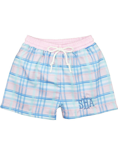 Blue And Pink Pastel Plaid Swim Trunks | Cecil and Lou