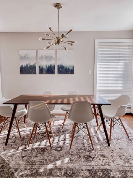 Midcentury Modern Dining Room
wood dining room table | chairs | ruggable rug | brass chandelier 

#LTKunder100 #LTKhome #LTKsalealert