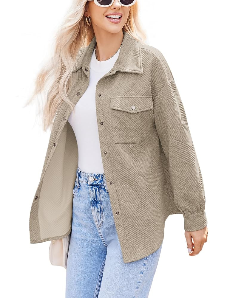 Women Shacket Jacket with Pockets Casual Fall Coat Long Sleeve Shirts Button Down Collared Winnte... | Amazon (US)