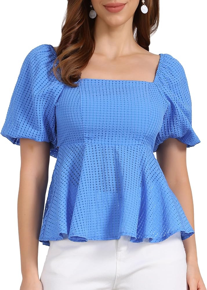 Allegra K Peplum Tops for Women Summer Square Neck Puff Short Sleeve Blouse Casual Smocked Top | Amazon (US)