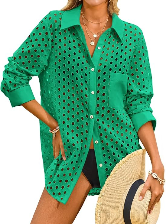 Fisoew Womens Hollow Out Swimsuit Coverup Shirt Button Down Bathing Suit Cover Ups Beachwear | Amazon (US)