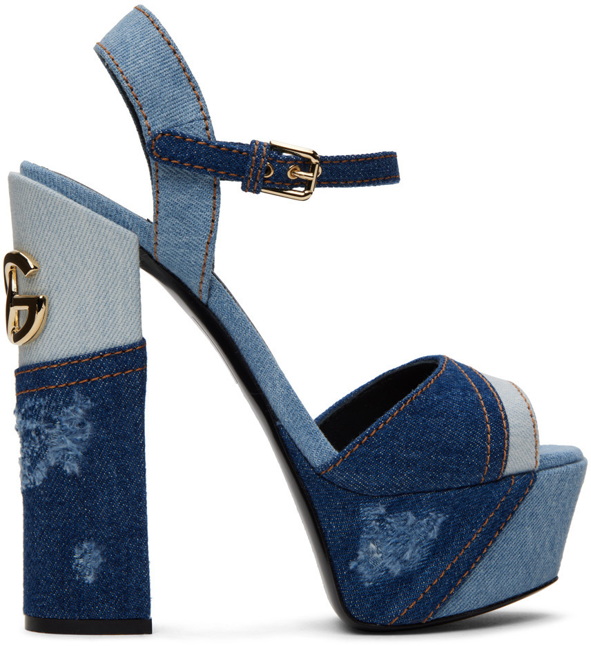 Dolce&Gabbana Blue Patchwork Denim Platform Heeled Sandals | SSENSE