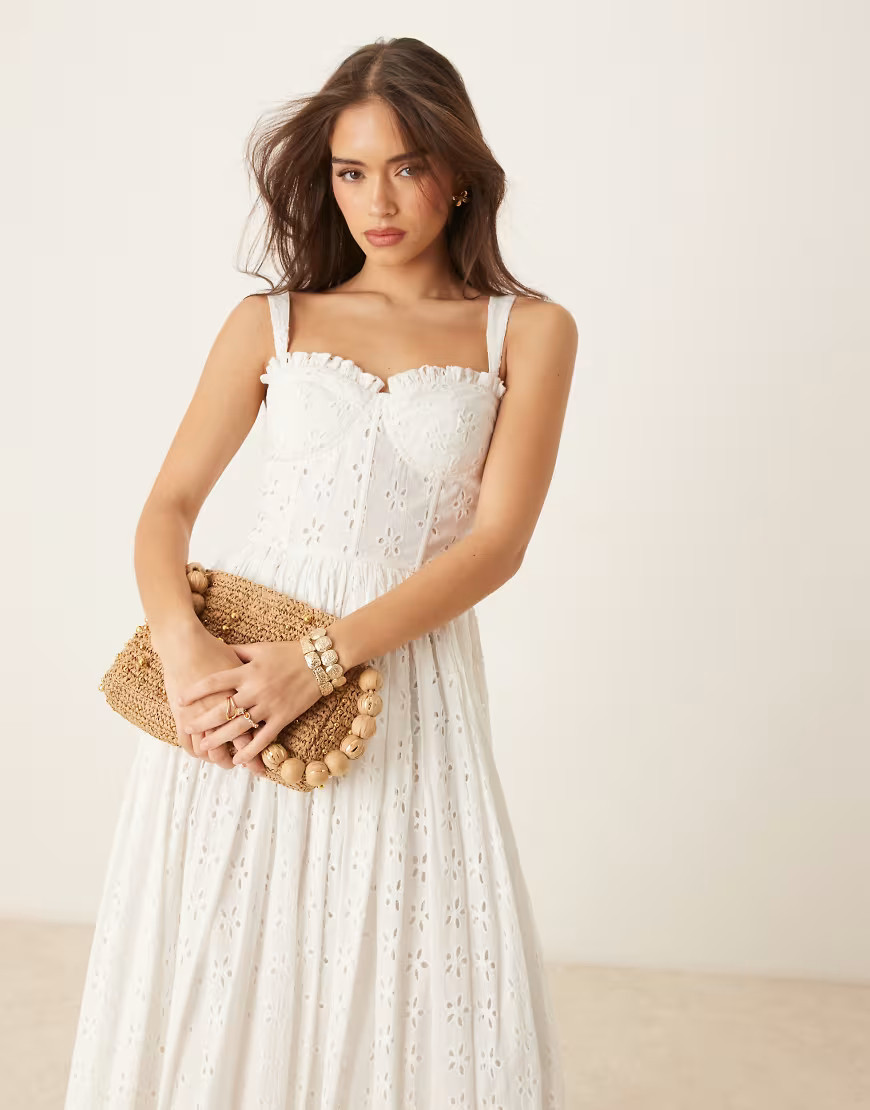 Lace & Beads broderie cotton corset midaxi dress in white | ASOS (Global)