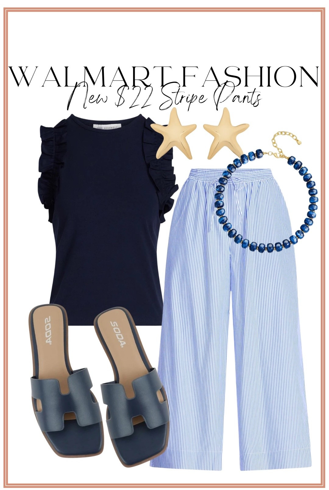 If you’re looking for an elevated Walmart outfit that looks designer without the designer price tag, this is it! 💙 These new striped wide-leg pants are just $22 and are such a fun statement piece for summer. I paired them with this adorable navy ruffle sleeve top, comfy slides, and blue accessories for an easy polished look that’s perfect for work, brunch, vacation, church, or dinner out.

I love finding affordable Walmart fashion that looks so much more expensive—and this outfit checks every box!

#walmartfashion #walmartfinds #walmartstyle #walmartnewarrivals #stripedpants #widelegpants #workwearstyle #summerstyle #blueandwhite #coastalstyle #affordablefashion #budgetfriendlyfashion #lookforless #businesscasual #vacationstyle #brunchoutfit #everydaystyle #ruffletop #walmartmusthaves #ootd #womenstyle #classicfashion #capsulewardrobe #summeroutfit #fashionfinds #effortlessstyle #wearablefashion #styleinspiration #affordablestyle #summerwardrobe

#LTKootd #LTKPetite