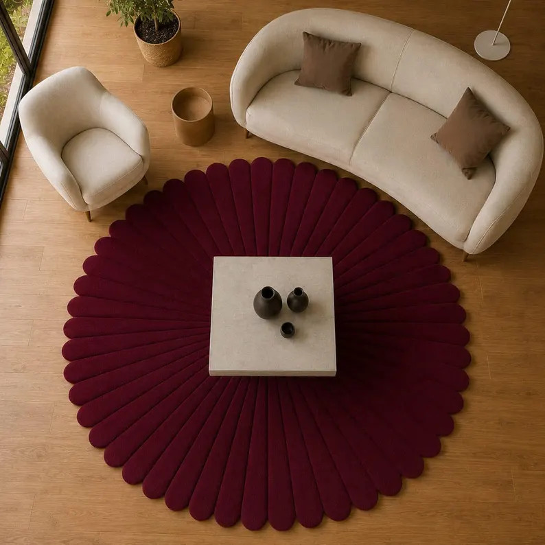 Hand Tufted Wool Deep Burgundy Scalloped Rug, Modern Abstract Round Area Rug, Luxury Designer Liv... | Etsy (Global)