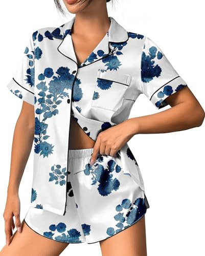 Ekouaer Silk Satin Pajamas 2 Piece Silky Pjs Short Sets Sleepwear Button Down Loungewear for Women White Floral Small | Amazon (US)