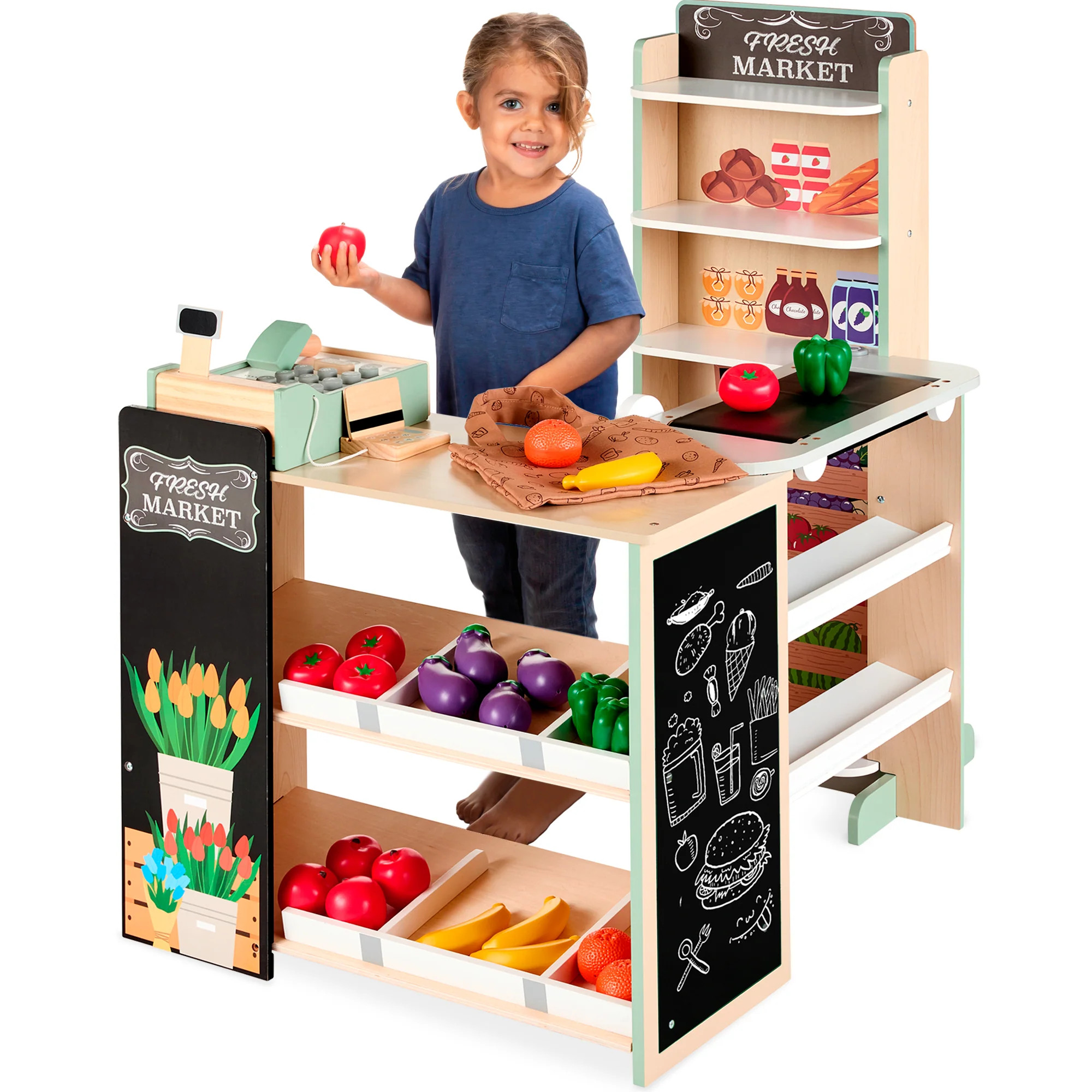 Best Choice Products Kids Pretend Play Grocery Store Wooden Supermarket Set w/ Chalkboard, Cash Register | Shop Simon