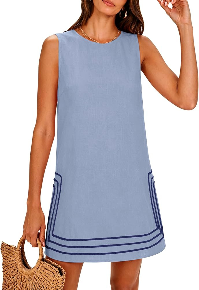 Lentta Womens Summer Boho A-Line Mini Dress Casual Color Block Crewneck Sleeveless Sundress Beach... | Amazon (US)