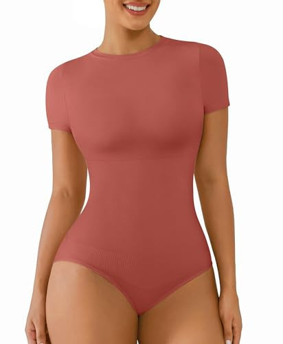 FeelinGirl Shapewear Bodysuit Crew Neck Bodysuits Compression Short Sleeve Body suits Seamless Plus Size Body Shaper Red Medium-Large | Amazon (US)