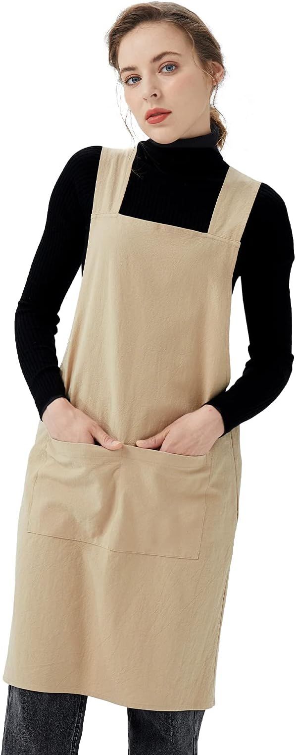 Surblue Cotton Linen Cross Back Aprons Solid Color Pinafore Japanese Apron with 2 Pockets | Amazon (US)