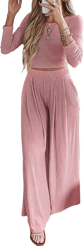 BTFBM Women's Two Piece Lounge Set Long Sleeve Bodycon Ribbed Knit Crop Top Loose Wide Leg Pant Casu | Amazon (US)