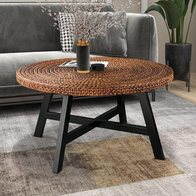 RANDEFURN Round Coffee Table, Seagrass Coffee Solid Pine Wood X Base Frame Cocktail Table, Easy A... | Amazon (US)