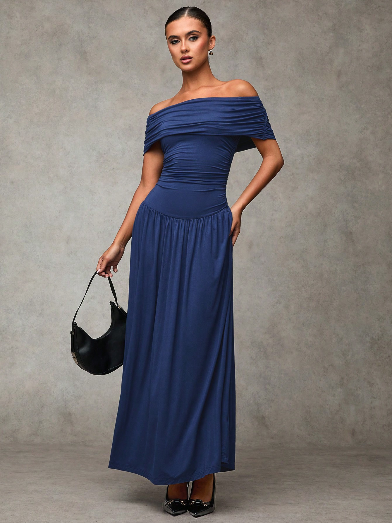 SHEIN BAE Dark Blue/Light Blue Polyester Casual Solid Color Off Shoulder Pleated Dress For Daily/... | SHEIN