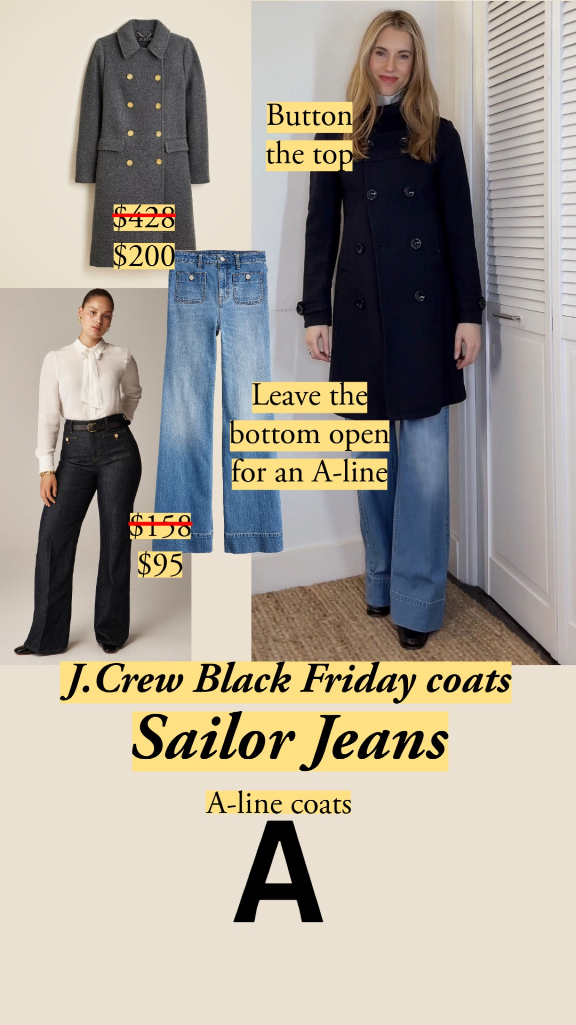 J.Crew discount: 40% off full price with code SHOPEARLY

I love the way sailor jeans continue the flare of an A-line coat.

To play up the A-line, I button the top buttons and leave the bottom two rows (or more) unbuttoned. Since the coat is double breasted, the front will overlap and keep you warm.

I am wearing the Dani Beca wash in the High-rise sailor denim trouser in 1996 semi-stretch, size 25. My usual size is 26, but these were too big for me in 26.

My size: 5’7”, usually 26 jeans, 0-4 in US sizes.

#wintercoat #sailorjeans #classicstyle #jcrew #LTKseasonal

#LTKFindsUnder100 #LTKCyberWeek #LTKStyleTip
