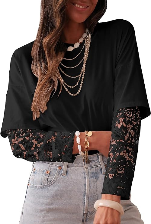 LOLONG T Shirts for Women Fall 2025 Long Sleeve Lace Patchwork Crew Neck Tops Casual Tees | Amazon (US)
