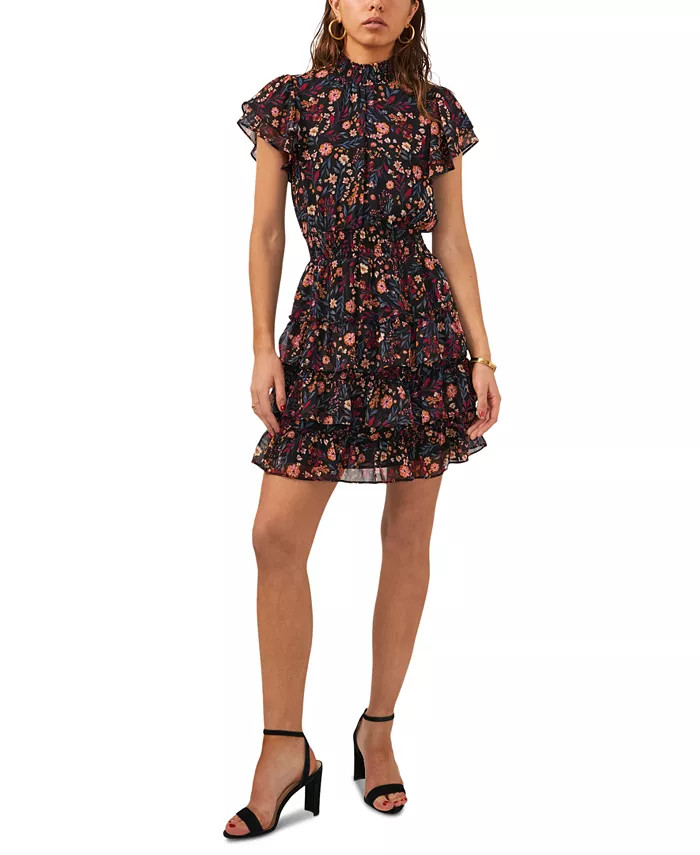 MSK Petite Floral Mock-Neck Smocked Ruffle-Tier Dress - Macy's | Macy's