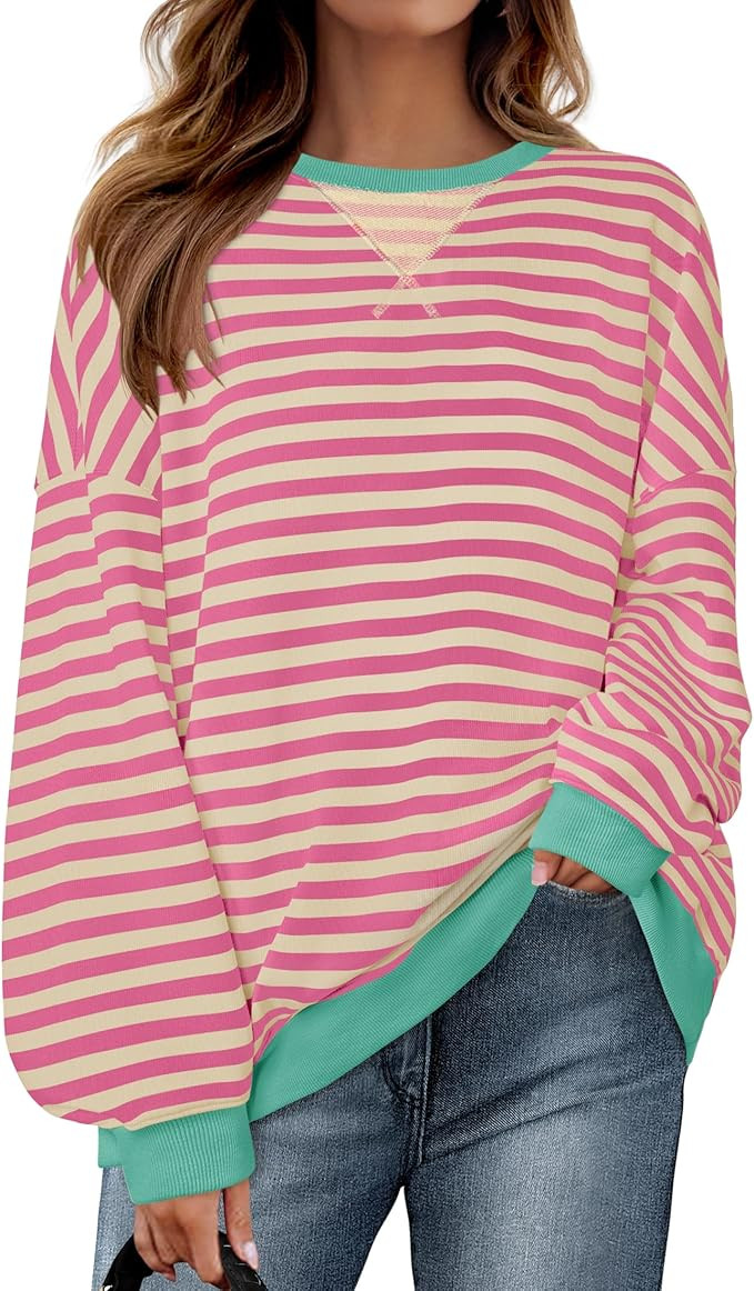 ZESICA Womens Casual Striped Pullover Tops Long Sleeve Shirts Crewneck Oversized Sweatshirts 2024... | Amazon (US)