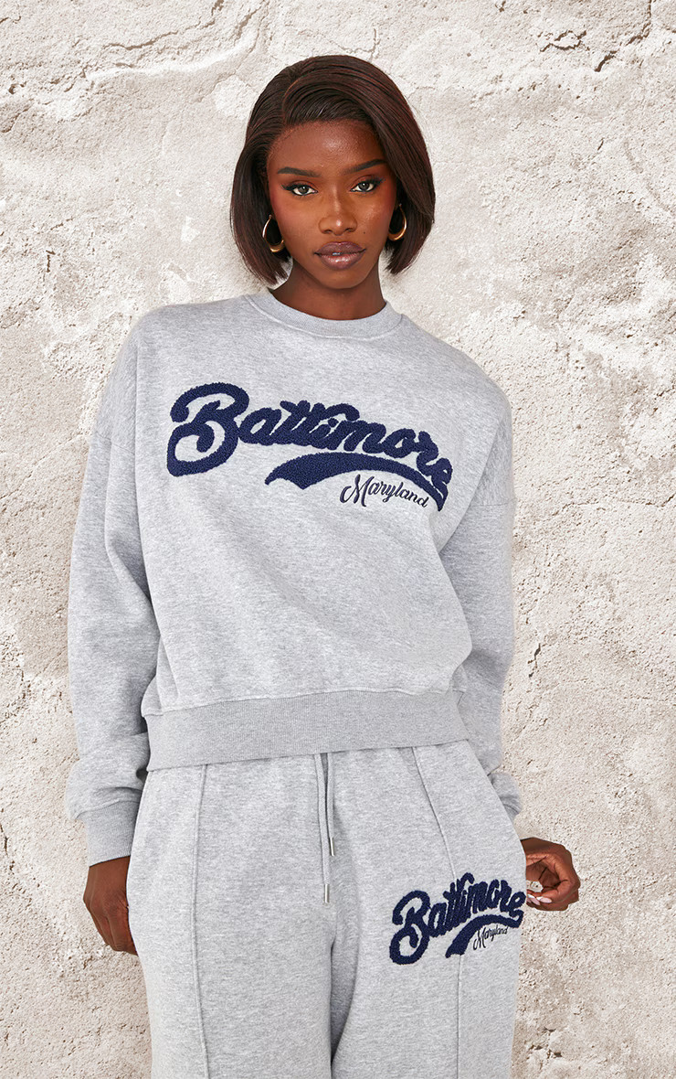 Tall Grey Marl Baltimore Borg Applique Detail Oversized Sweatshirt | PrettyLittleThing UK