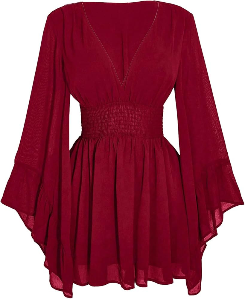 Women's Plus Size Boho Western Dress Bell Sleeve Cowgirl Hippie Mini Dress Mesh A Line Casual Flo... | Amazon (US)