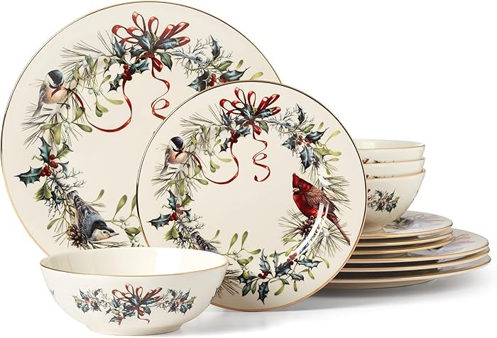 Lenox 894540 Winter Greetings 12-Piece Dinnerware Set, Red & Green, 12 Count, Christmas, Holiday ... | Amazon (US)
