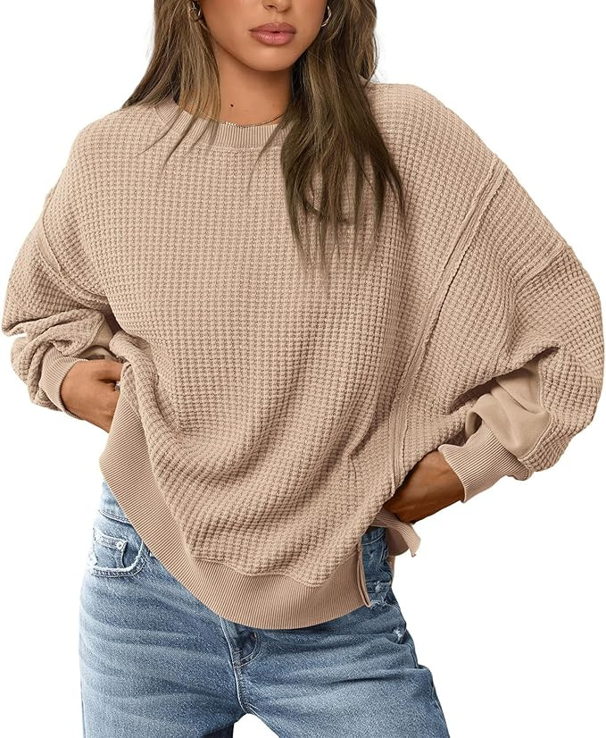 PRETTYGARDEN Women's Oversized Crewneck Sweatshirts Casual Long Sleeve Side Split Pullover Waffle... | Amazon (US)