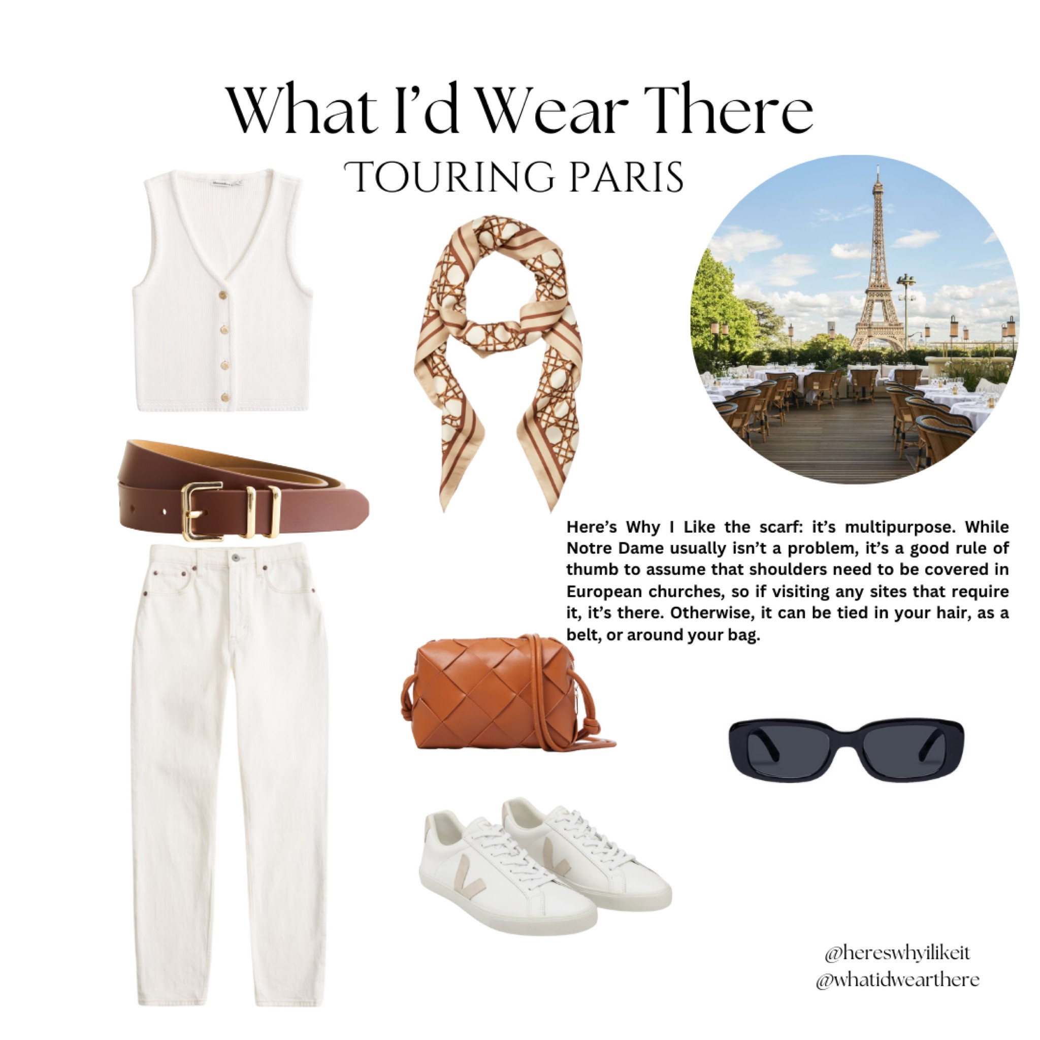 As a travel agent and packing expert, here’s why I like this outfit for touring Paris in the summer. When touring a big city in the summer, you want the flexibility of being cool and comfortable while also dressing the part for where you are/following the “rules.” Things I consider for this outfit for this place:
-for the temperature, this would be a good outfit.
-it’s a good rule of thumb to assume you should have your knees and shoulders covered in certain locations in Europe, like if you visit Notre Dame since we’re talking about Paris. The scarf can cover your shoulders for when you go inside. The rest of the time, you can be a stylish Parisian and put it in your hair, on your bag, or use it in place of the belt.
-The Eiffel Tower only allows purses of a certain size, this one works. It’d also a crossbody which I’d recommend for touring a city. Keeps it close to your body and you’re hands free. 
-Sneakers! Because walking. All day. In Paris, touring in flip flops gives you away as a tourist - plus it’s not comfy. 

Paris, Paris 2024 packing list Paris Europe Veja esplar Abercrombie travel outfit sunnies scarf notre dame Eiffel Tower louvre tuckernuck

#LTKStyleTip #LTKTravel #LTKSeasonal