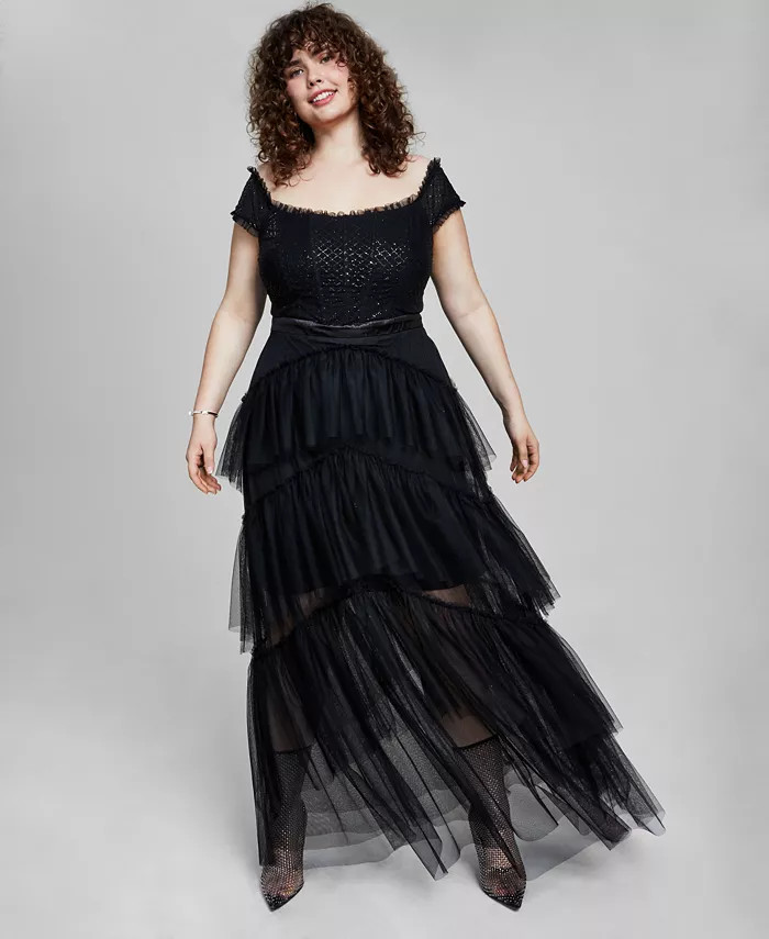 Trendy Plus Size Tiered-Tulle Glitter-Knit Gown | Macys (US)