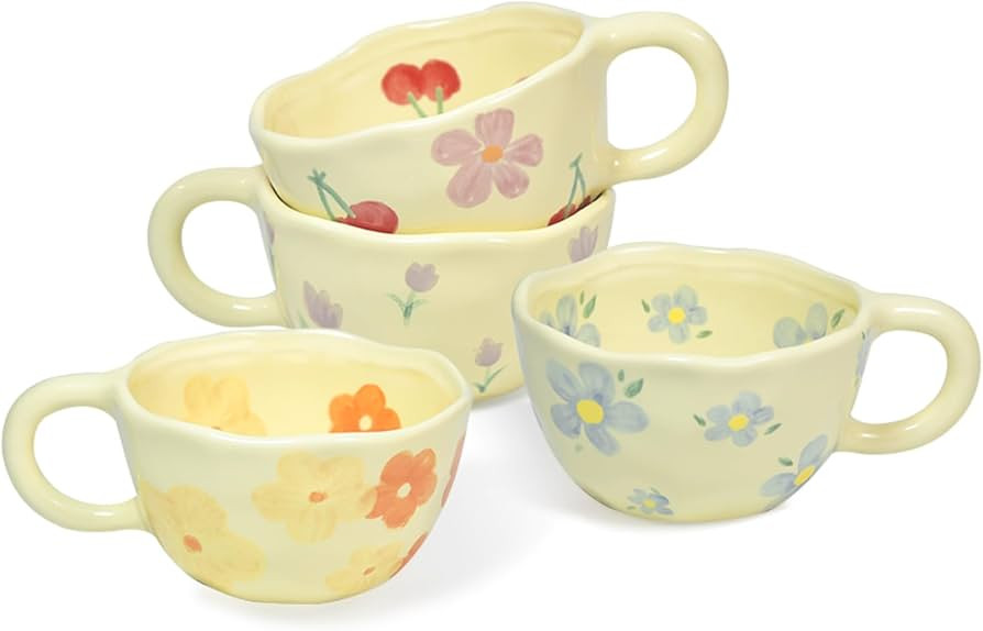 4 Pack Coffee Mug, Ceramic Coffee Mugs, 8oz Cute Espresso Cups, Flower Porcelain Mug Set for Wome... | Amazon (US)